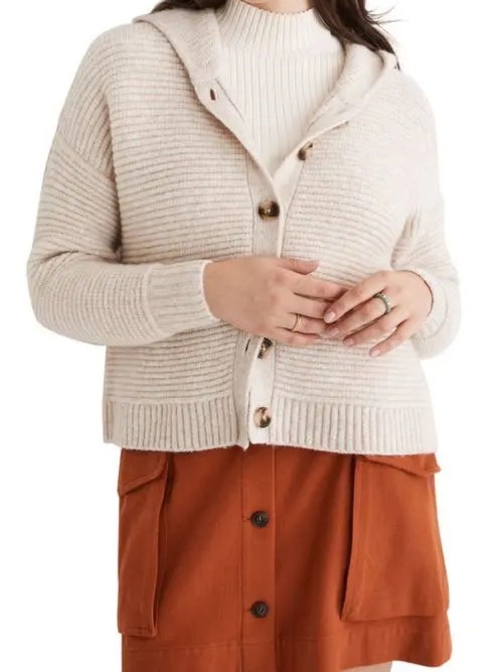 Madewell Cozy Cream Hooded Button-Front Ribbed Cardigan XS